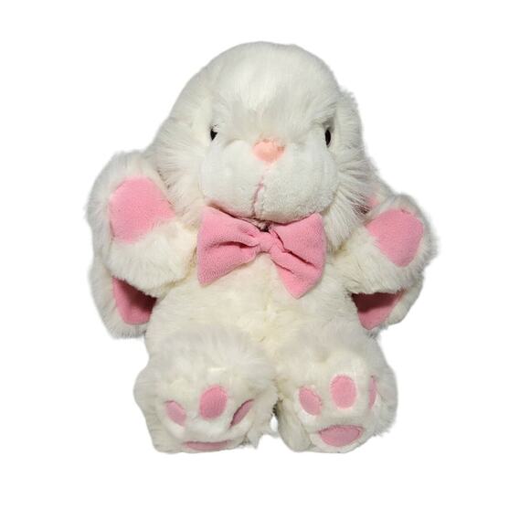 Vtg Main Joy White Easter Bunny Rabbit Plush Stuffed Animal Pink Bow Lop Ear 18" - Picture 1 of 9